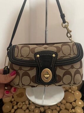 Coach Signature Canvas Brown small Pouch Bag with Leather Trim